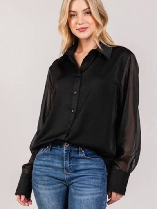 PerSeption Concept Tops - Perseption Concept,Black Button Blouse Pleated Sheer Mesh Sleeved Top, Size L